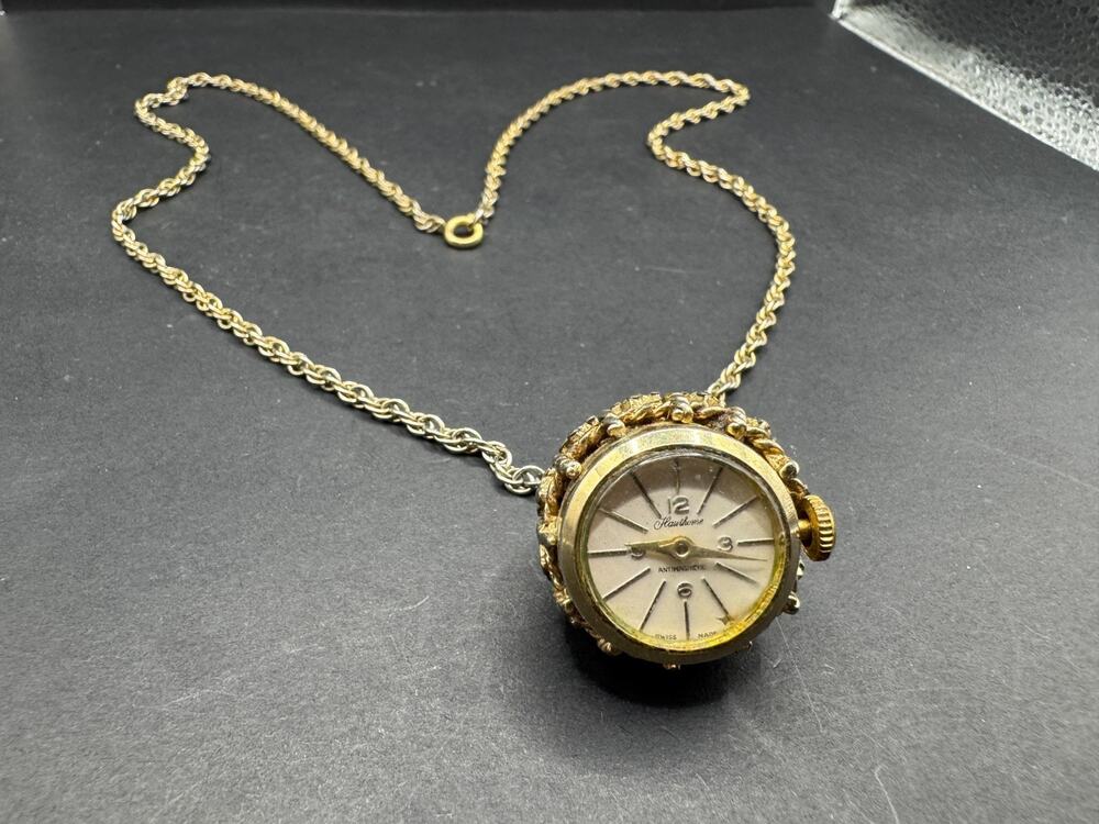 Vintage Hawthorne Mechanical Necklace Pendant Watch 12k Gold Rhinestone